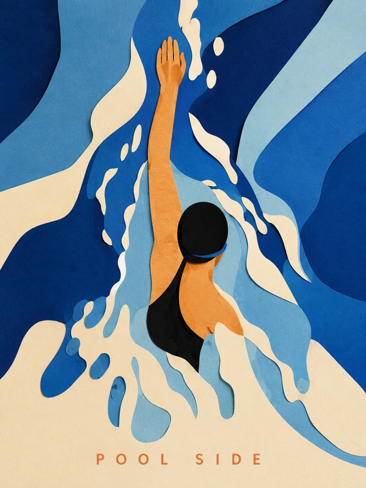 Pool Side Swimmer Art Print: Mid Century Modern Blue Abstract - artwork on paper