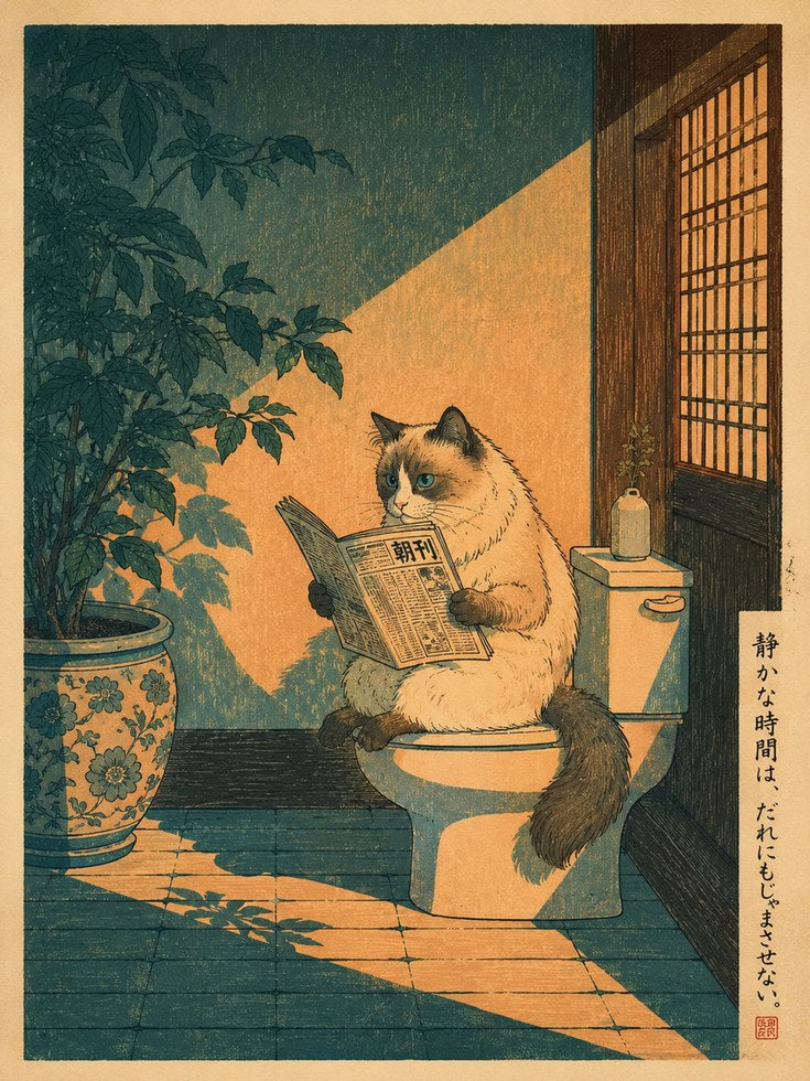 Cat Reading Newspaper Print: Japanese Woodblock Style Art - artwork on paper