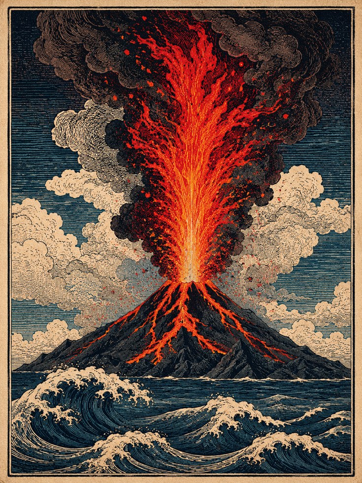 Volcano Eruption Japanese Art Print — Vintage Ukiyo-e Style - artwork on paper