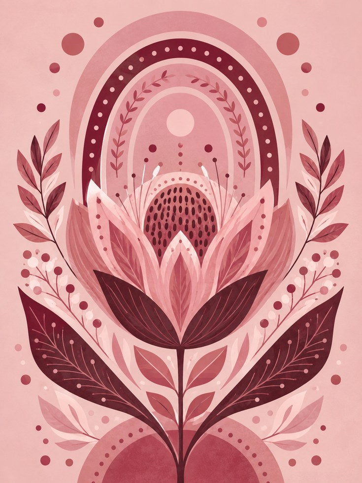Pink Botanical Wall Art – Floral Folk Art Print - artwork on paper