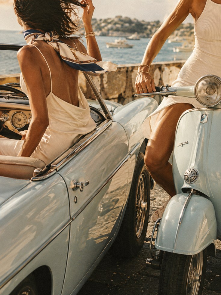 Coastal Summer Lifestyle Art Print: Vintage Car and Vespa Scene - artwork on paper