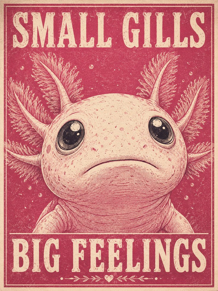 Small Gills Big Feelings: Retro Axolotl Art Print - artwork on paper