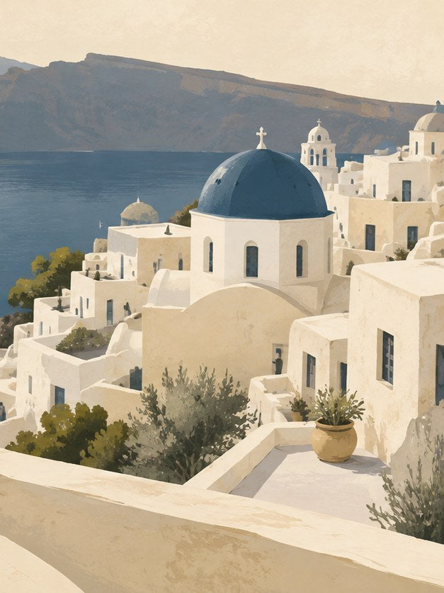 Santorini Blue Dome Church Print: Greek Island Architecture Art - artwork on paper