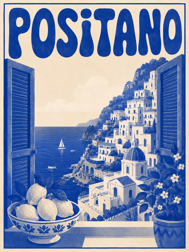 Positano Travel Poster Print: Vintage Italian Coastal Art - artwork on paper