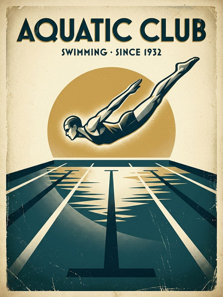Vintage Swimming Pool Poster: Art Deco Aquatic Club Print - artwork on paper