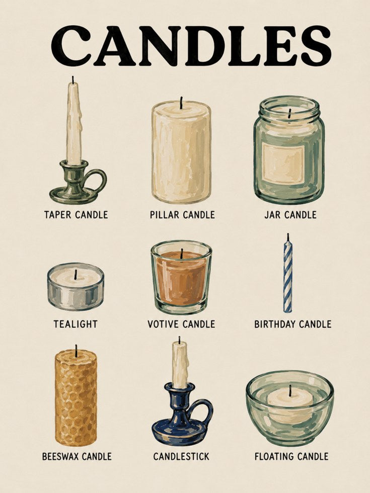 Candle Types Poster – Educational Wall Art - artwork on paper