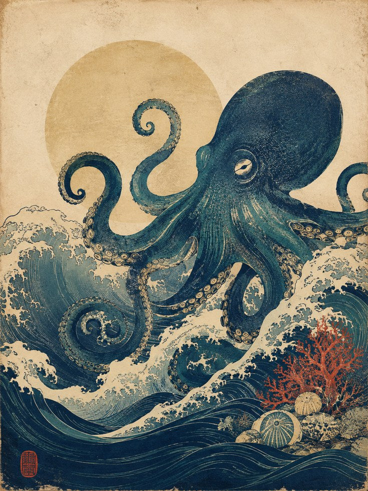 Japanese Octopus Print – Vintage Ocean Wall Art - artwork on paper