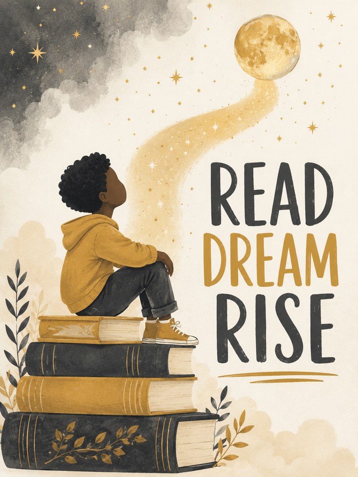 Read Dream Rise Wall Art: Inspirational Book and Moon Print - artwork on paper