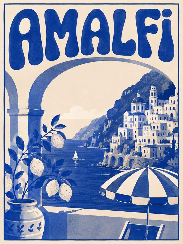 Amalfi Coast Travel Poster: Vintage Italian Riviera Wall Art - artwork on paper