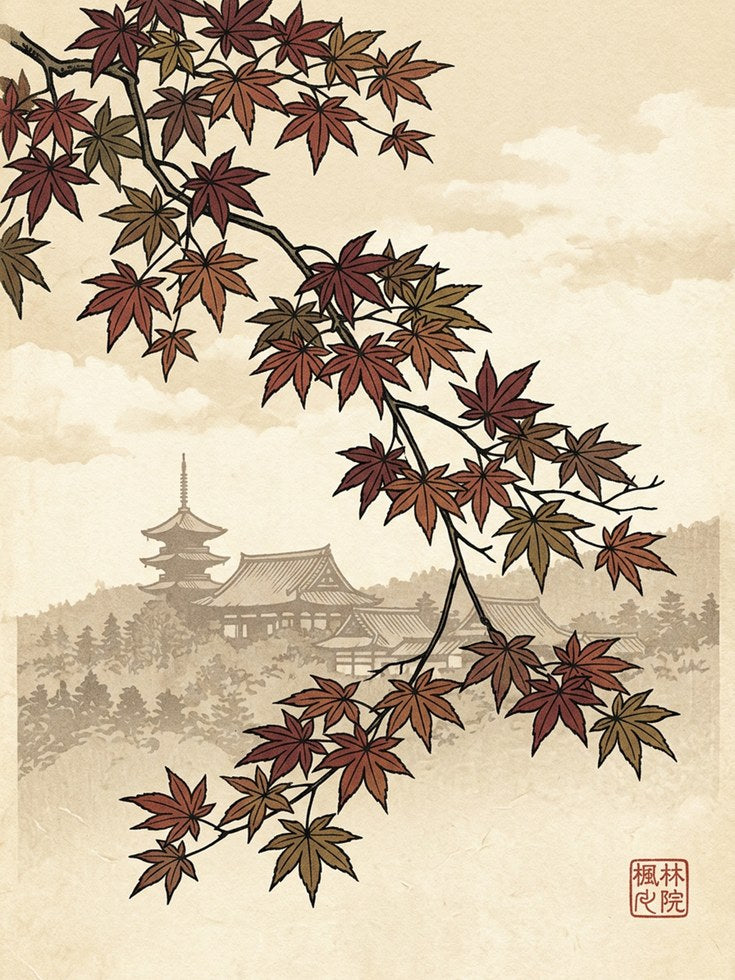 Japanese Maple Temple Art Print: Autumn Landscape with Pagoda - artwork on paper