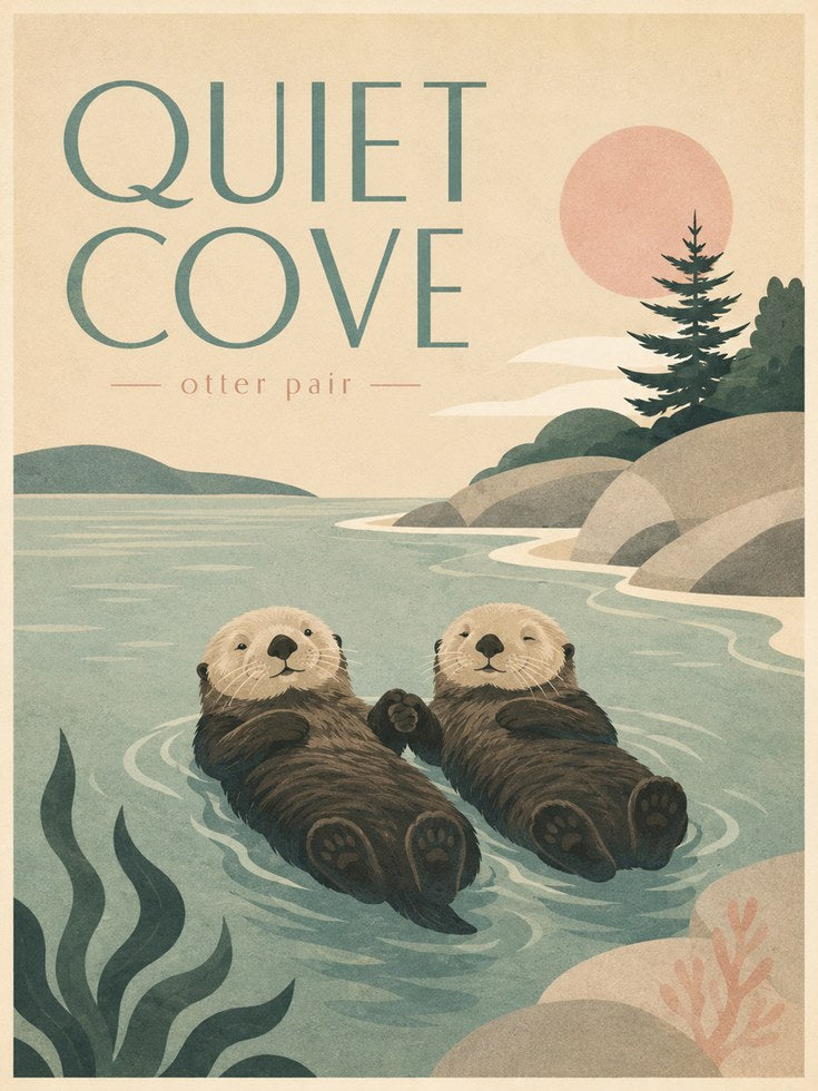 Quiet Cove Otter Pair Art Print: Vintage Coastal Wildlife Poster - artwork on paper