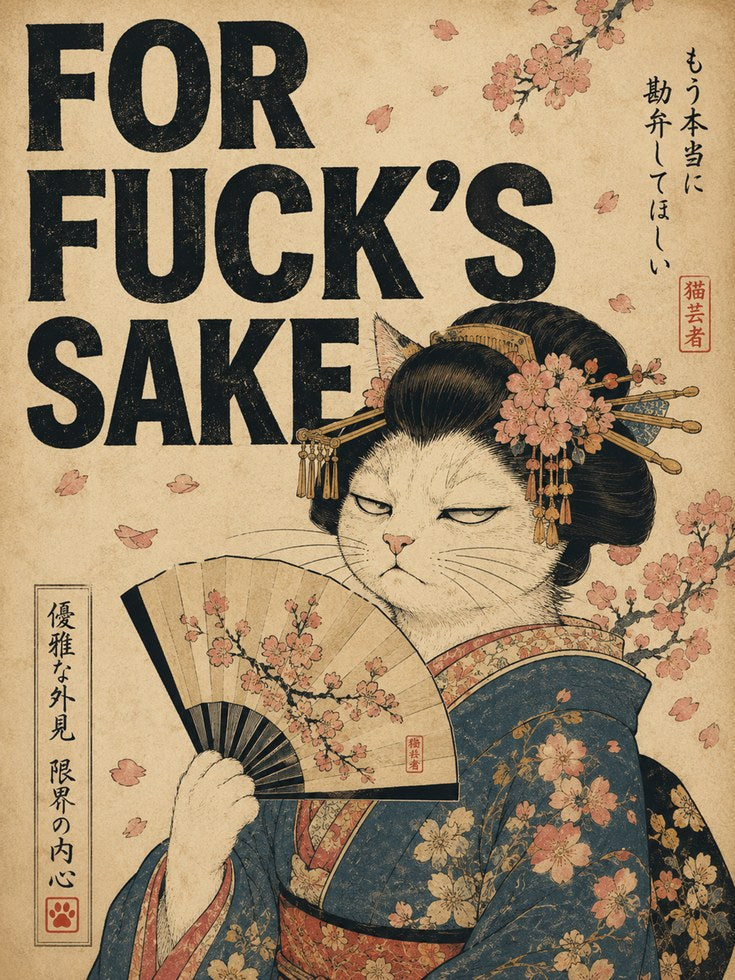Japanese Cat Wall Art – Funny Geisha Print - artwork on paper