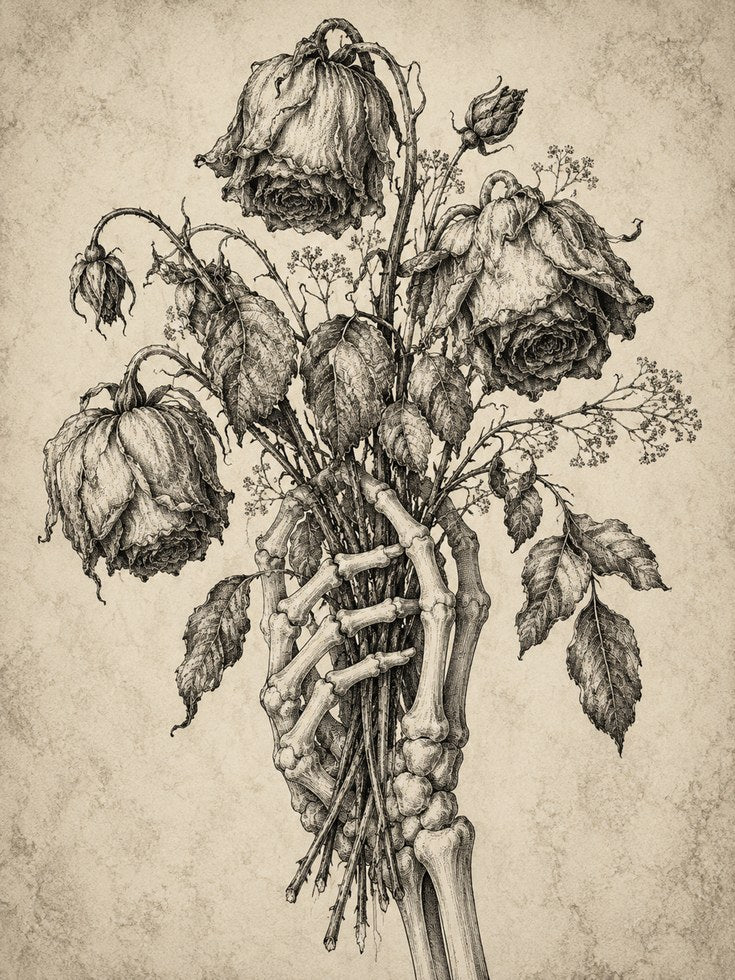 Skeleton Hand Flowers Print - artwork on paper