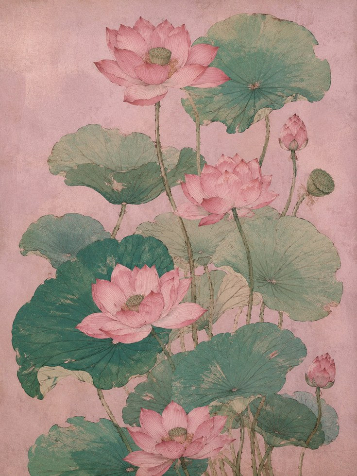 Pink Lotus Flowers Art Print: Vintage Botanical Illustration - artwork on paper