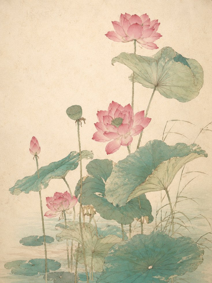 Pink Lotus Botanical Print: Vintage Japanese Watercolor Art - artwork on paper