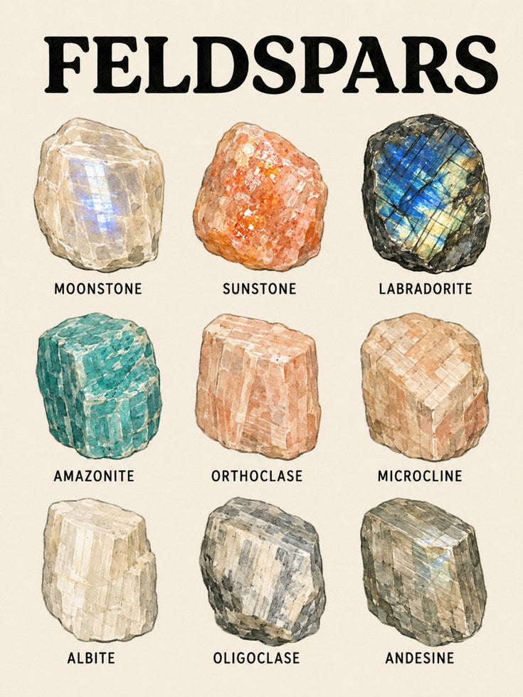 Feldspars Mineral Collection Poster: Geological Watercolor Art - artwork on paper