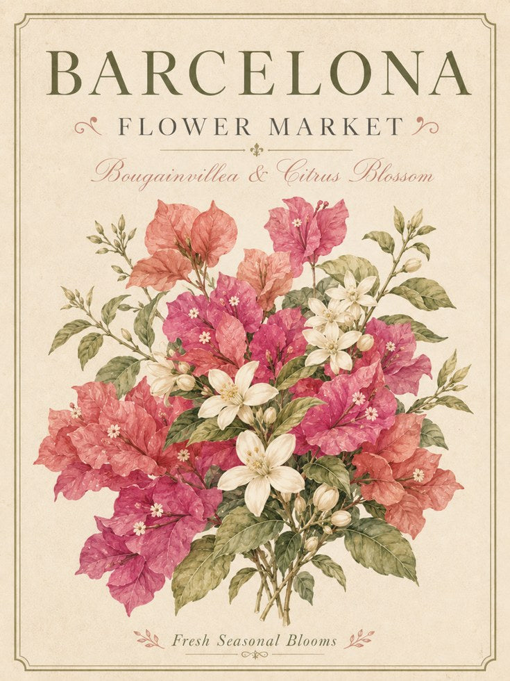 Barcelona Floral Print — Vintage Botanical Bougainvillea & Citrus - artwork on paper