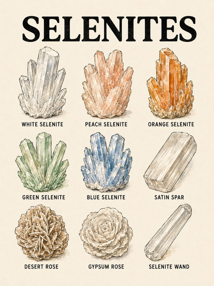 Selenite Crystal Chart Print — Educational Mineral Illustration - artwork on paper
