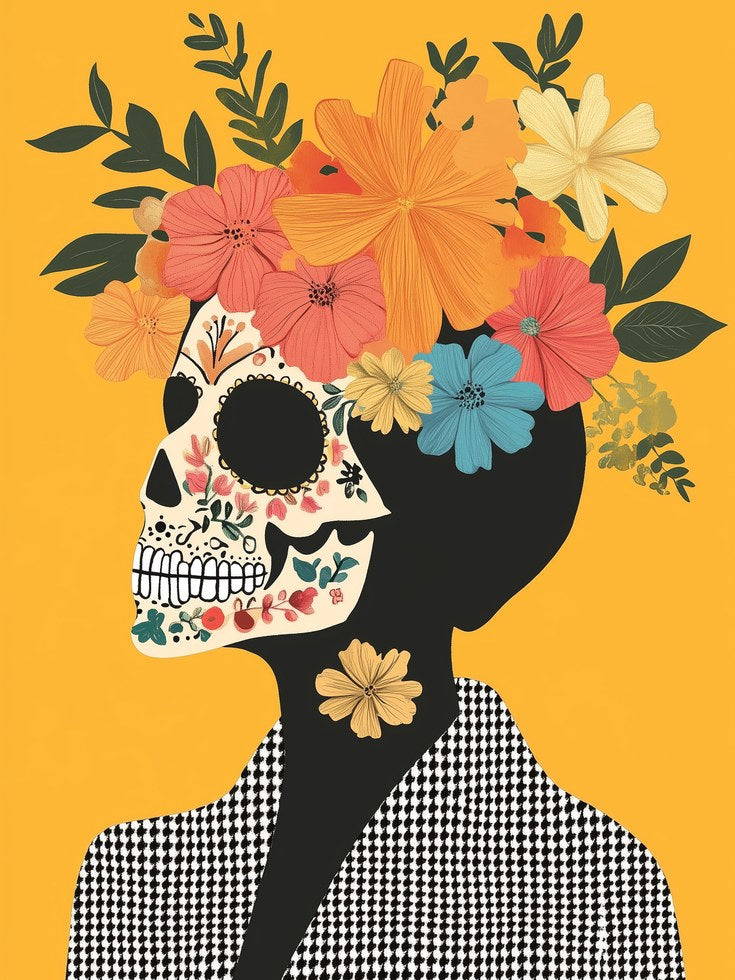 Sugar Skull Art Print: Day of the Dead Floral Design (Unframed) - artwork on paper
