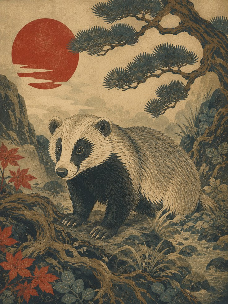 Badger Wall Art Print: Japanese Ukiyo-e Style - artwork on paper