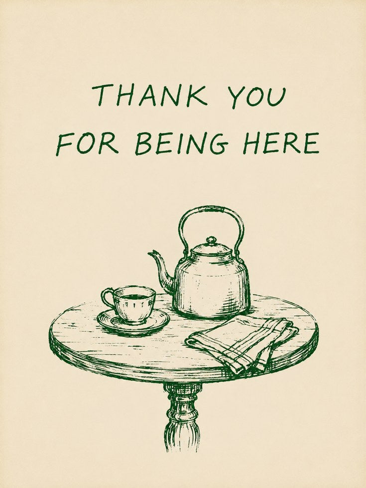 Thank You Tea Set Print: Vintage Green Line Art on Cream - artwork on paper