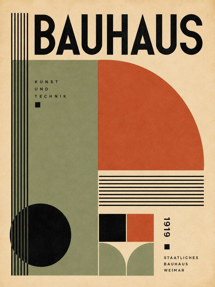 Bauhaus Geometric Poster: Modernist Design with Red and Sage Green - artwork on paper