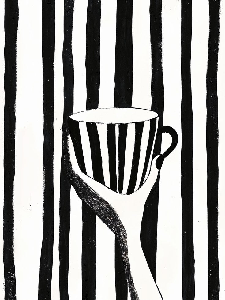 Minimalist Coffee Cup Poster: Black White Stripes - artwork on paper