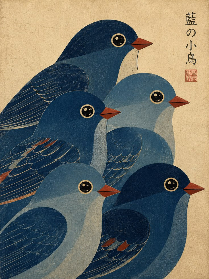 Japanese Blue Birds Print — Vintage Ukiyo-e Style Art - artwork on paper