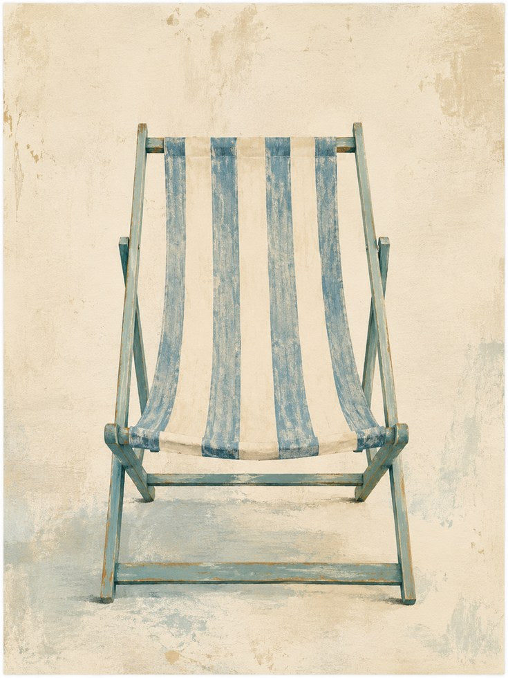Vintage Beach Chair Art Print: Blue Striped Coastal Decor - artwork on paper