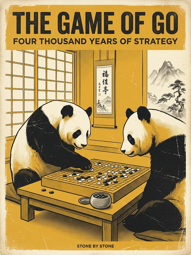 Pandas Playing Go Game Poster: Vintage Japanese Style Art Print - artwork on paper