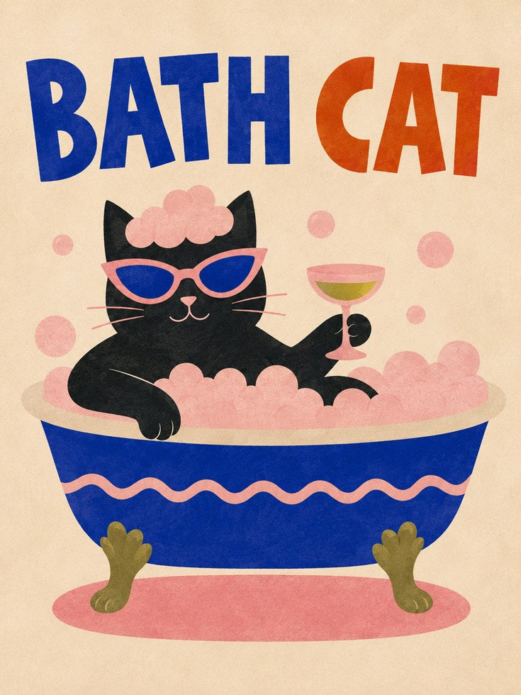 Funny Bath Cat Print - artwork on paper