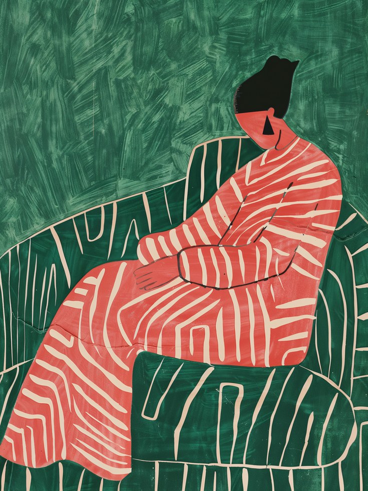 Seated Figure in Striped Robe Art Print: Modern Coral and Green - artwork on paper