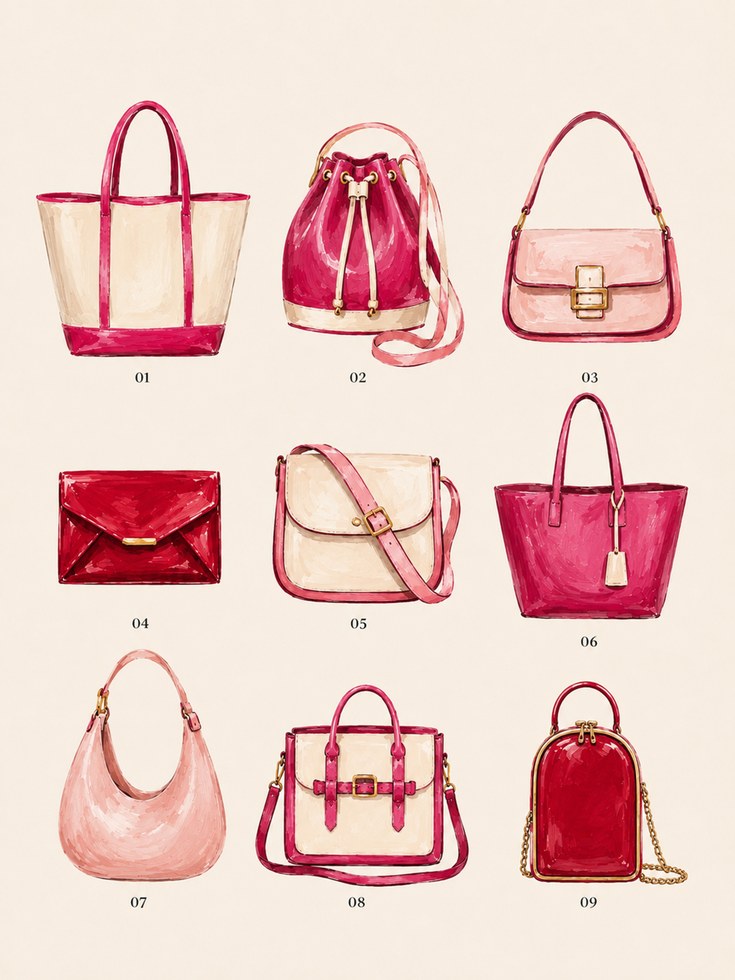 Designer Handbag Collection Art Print: Pink Fashion Illustration - artwork on paper