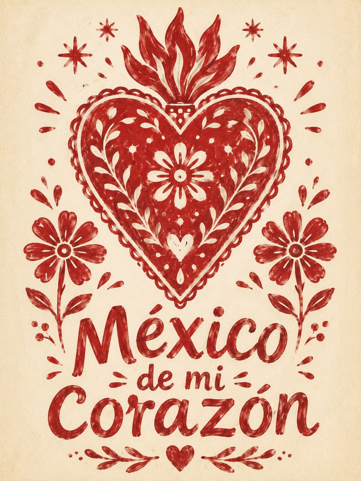 Mexican Folk Art Heart Print: Red Sacred Heart with Flowers - artwork on paper
