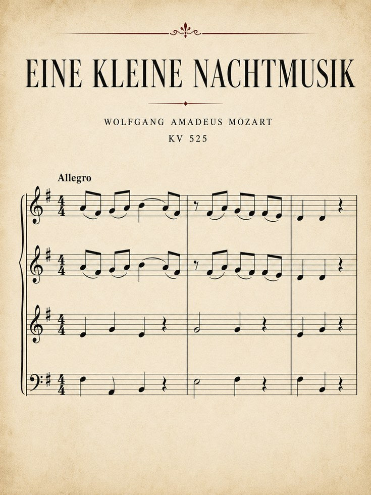 Mozart Eine Kleine Nachtmusik Sheet Music Art Print - artwork on paper