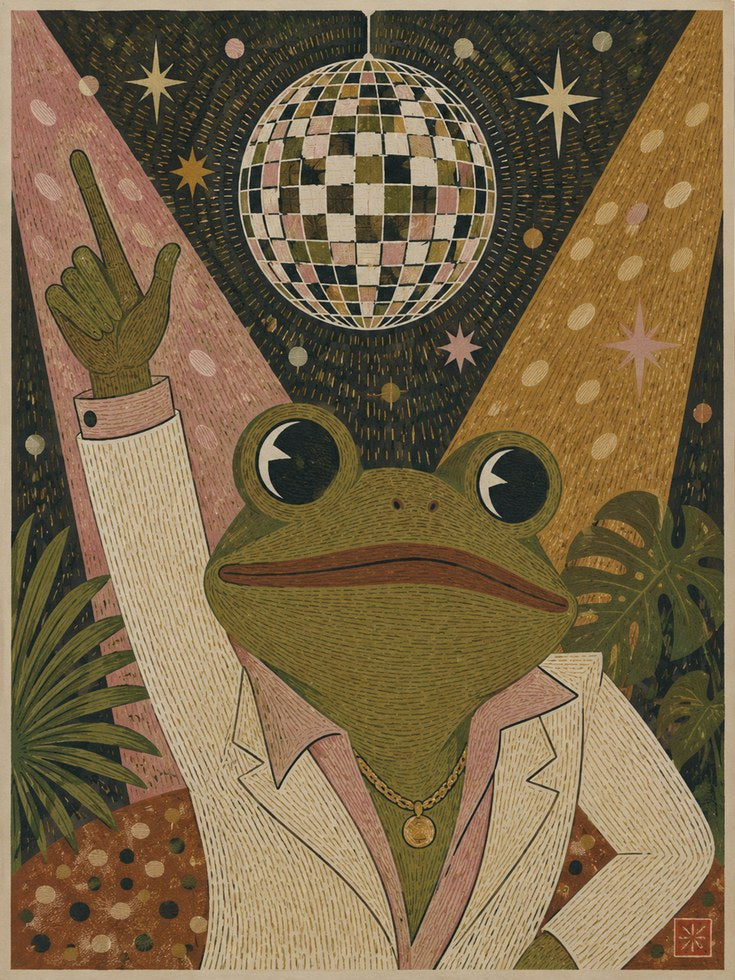 Disco Frog Wall Art – Retro 70s Animal Print - artwork on paper