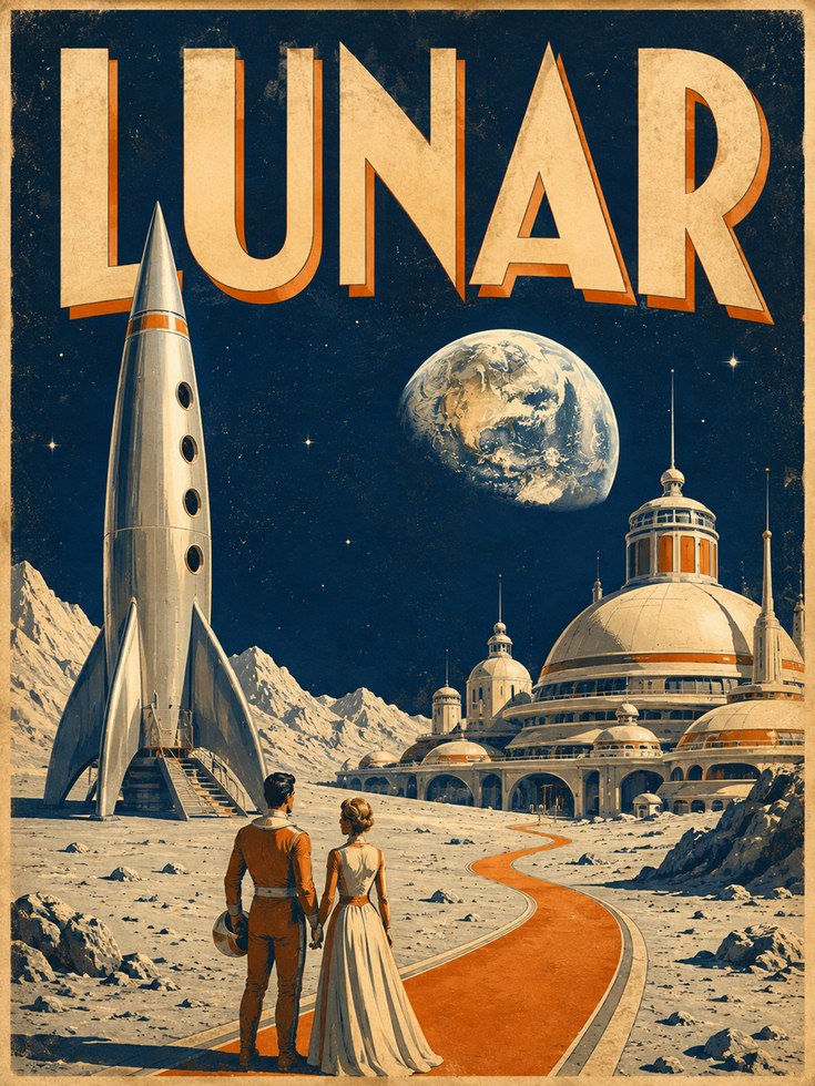 Vintage Space Poster – Retro Lunar Travel Print - artwork on paper