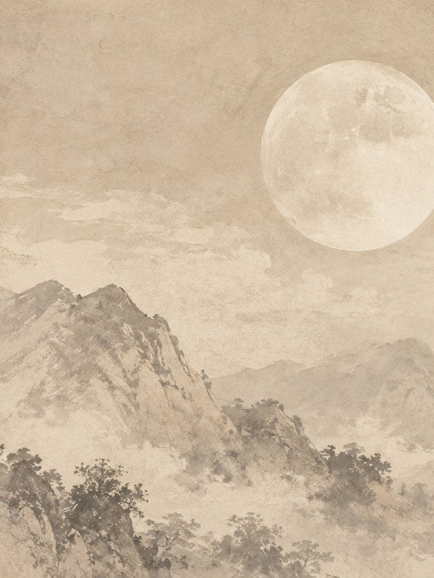 Misty Mountain Moon Art Print: Traditional East Asian Landscape - artwork on paper