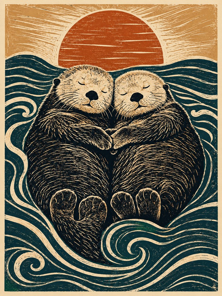 Otter Couple Linocut Print — Vintage Woodblock Style - artwork on paper