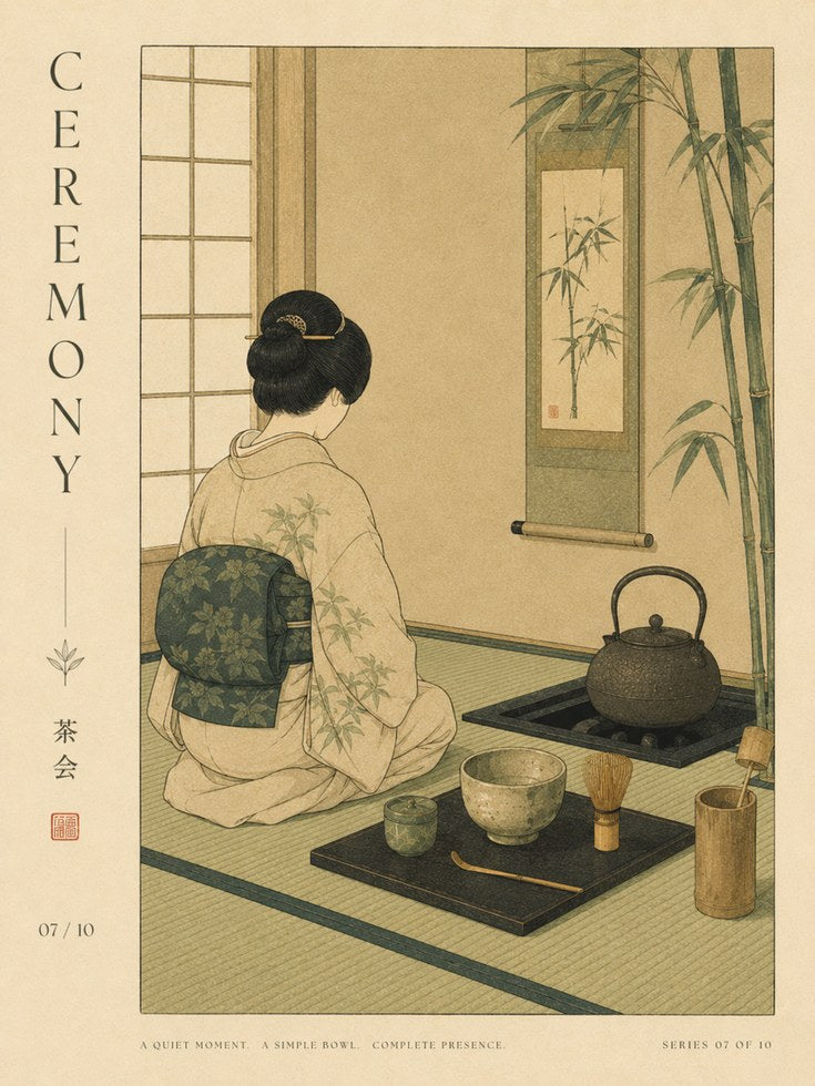 Japanese Tea Ceremony Art Print: Traditional Interior Scene - artwork on paper