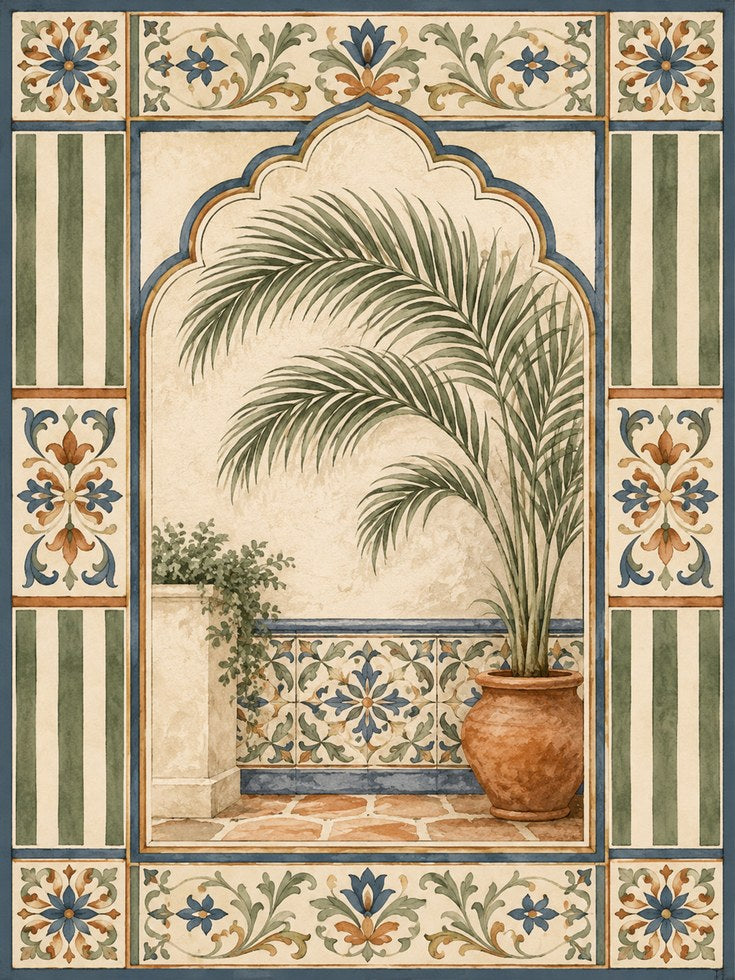 Moroccan Palm Courtyard Print: Mediterranean Tile Art - artwork on paper