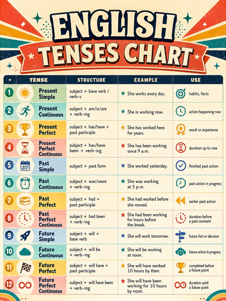 English Tenses Chart – Grammar Poster - artwork on paper