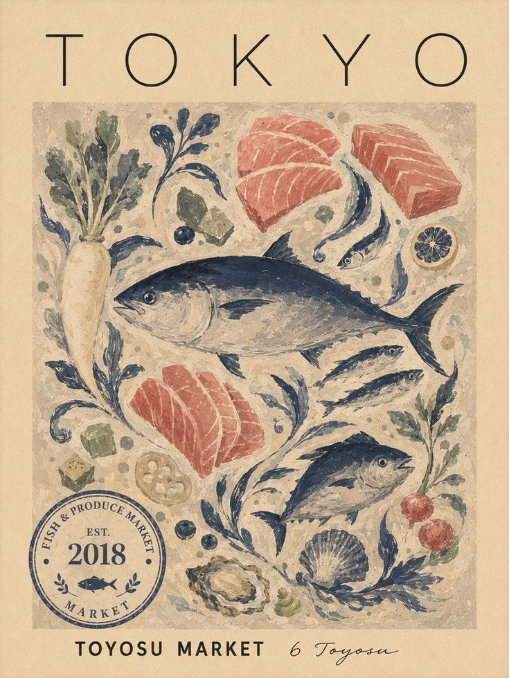 Tokyo Fish Market Poster: Vintage Japanese Seafood Illustration - artwork on paper