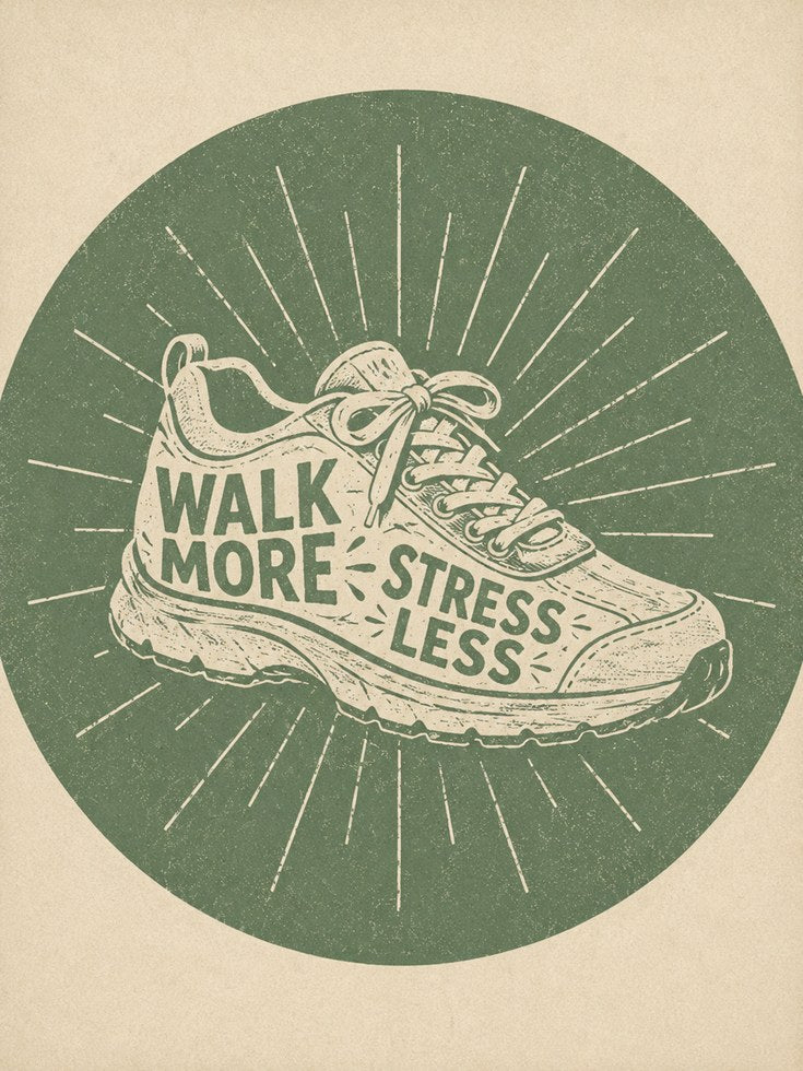 Walk More Stress Less Print: Retro Fitness Art (Sage Green Accent) - artwork on paper