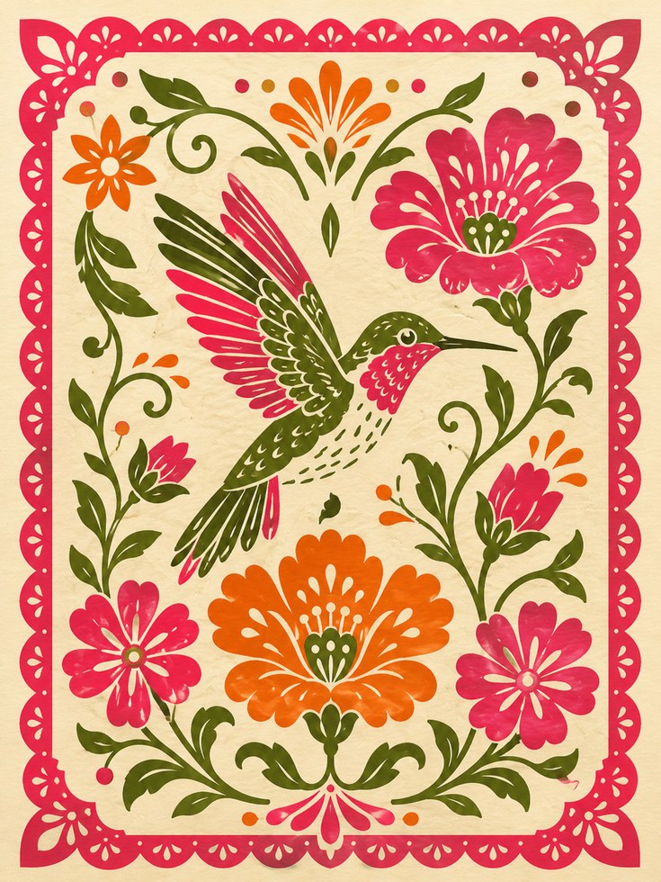 Folk Art Hummingbird Print – Floral Wall Art - artwork on paper