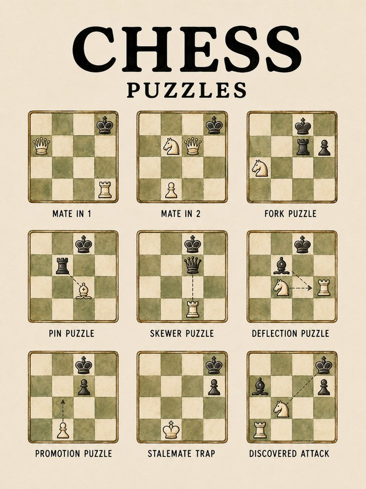 Chess Puzzles Poster: Vintage Educational Game Strategies Print - artwork on paper