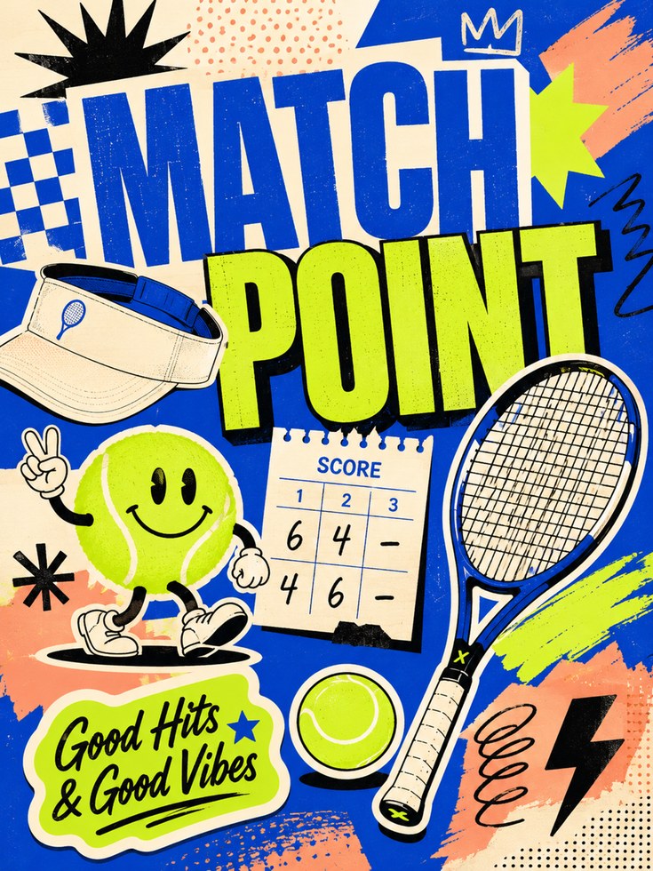 Match Point Tennis Print: Sports Wall Art (Neon Blue & Yellow) - artwork on paper