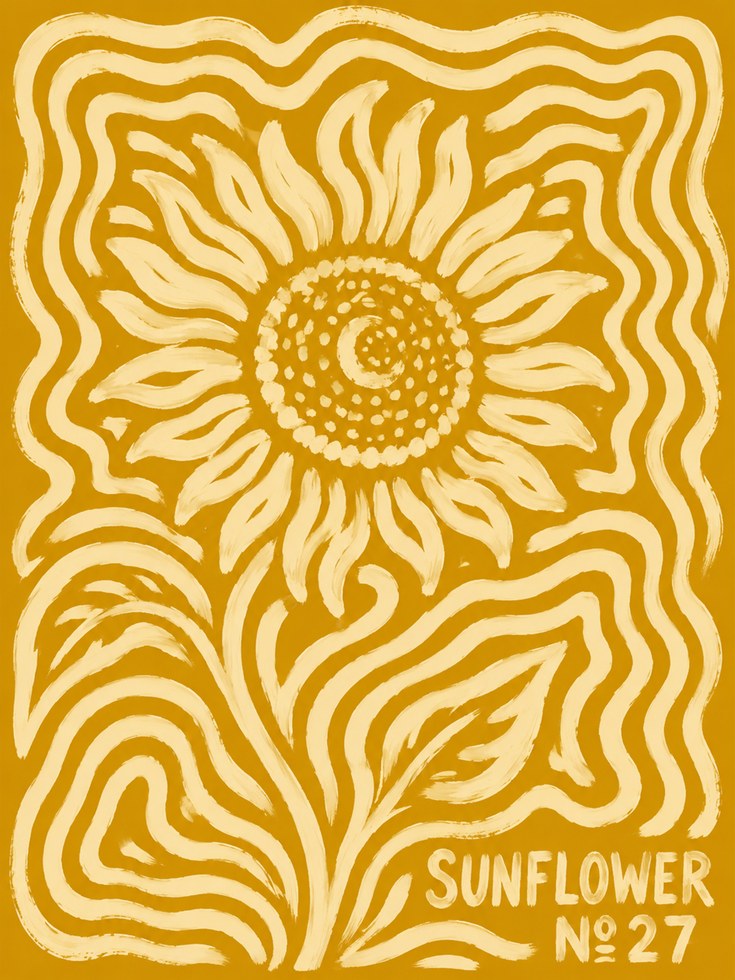 Sunflower Wall Art – Retro Floral Print - artwork on paper
