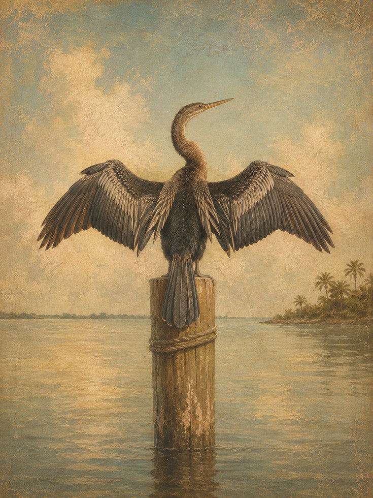 Vintage Bird Wall Art – Coastal Anhinga Print - artwork on paper