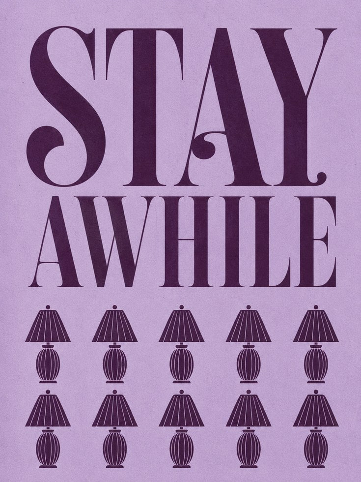 Stay Awhile Print: Retro Typography with Vintage Lamps - artwork on paper